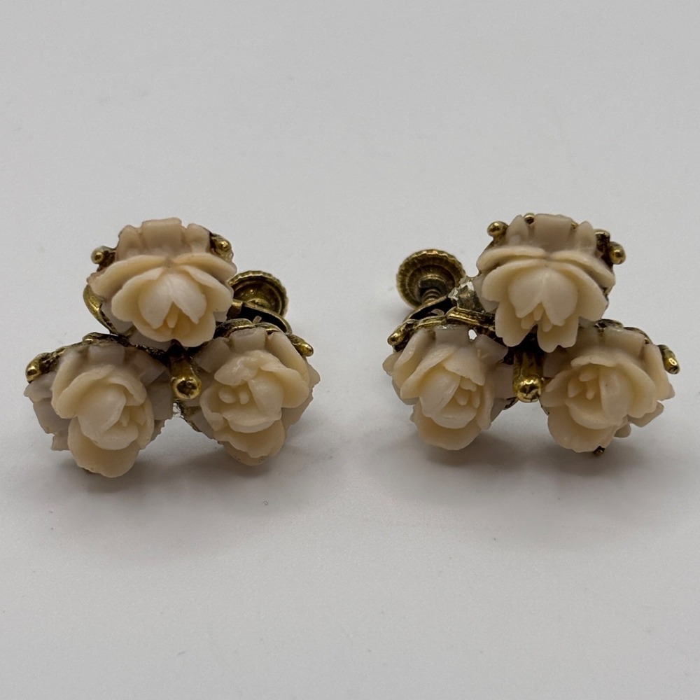 Vintage Carved Rose Clip On Earrings Gold Tone Floral Screw Back